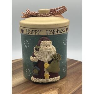 Happy Holidays Santa Cookie Jar Canister 3D Primitive Country Christmas Decor